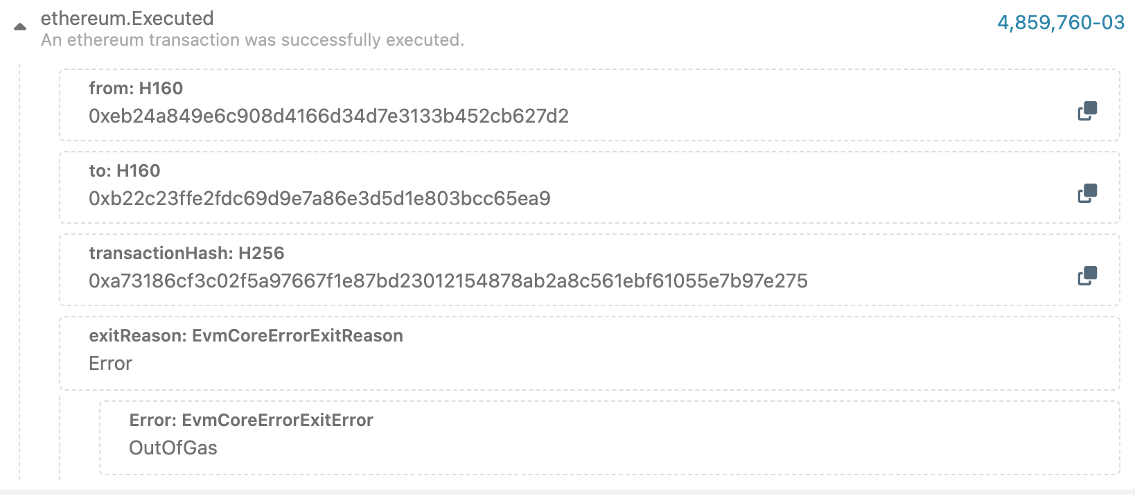 Explorer event ethereum.Executed for an EVM transaction: its from and to addresses and transaction hash, exitReason Error, and the error OutOfGas